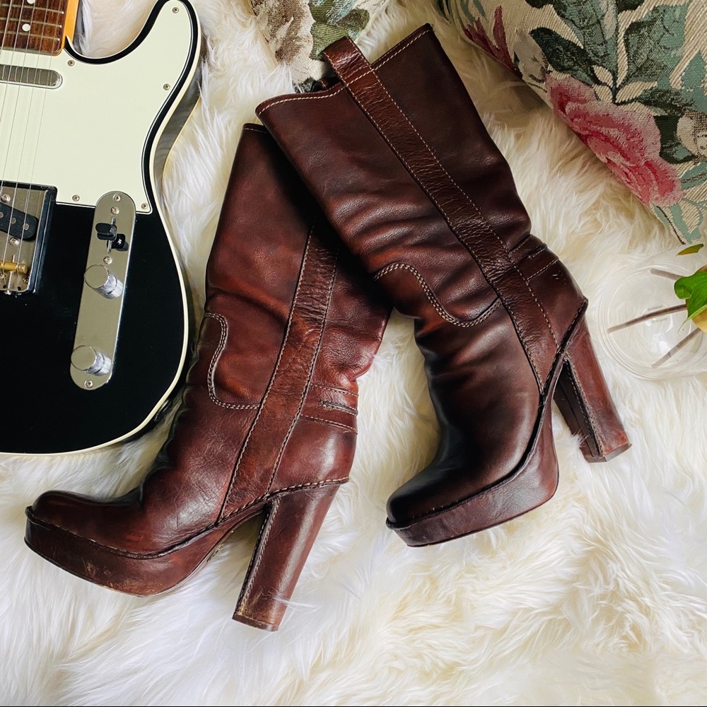 Frye Victoria Mid Calf Leather Dark Brown Platform Heel Boots
